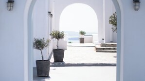 Un sendero arqueado que conduce a una terraza con plantas en macetas y vista al mar.