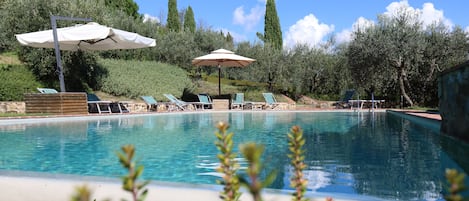 Una piscina al aire libre, tumbonas