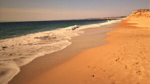 Ein Strand mit Wellen, sandigem Ufer und einer fernen Küstenlinie.