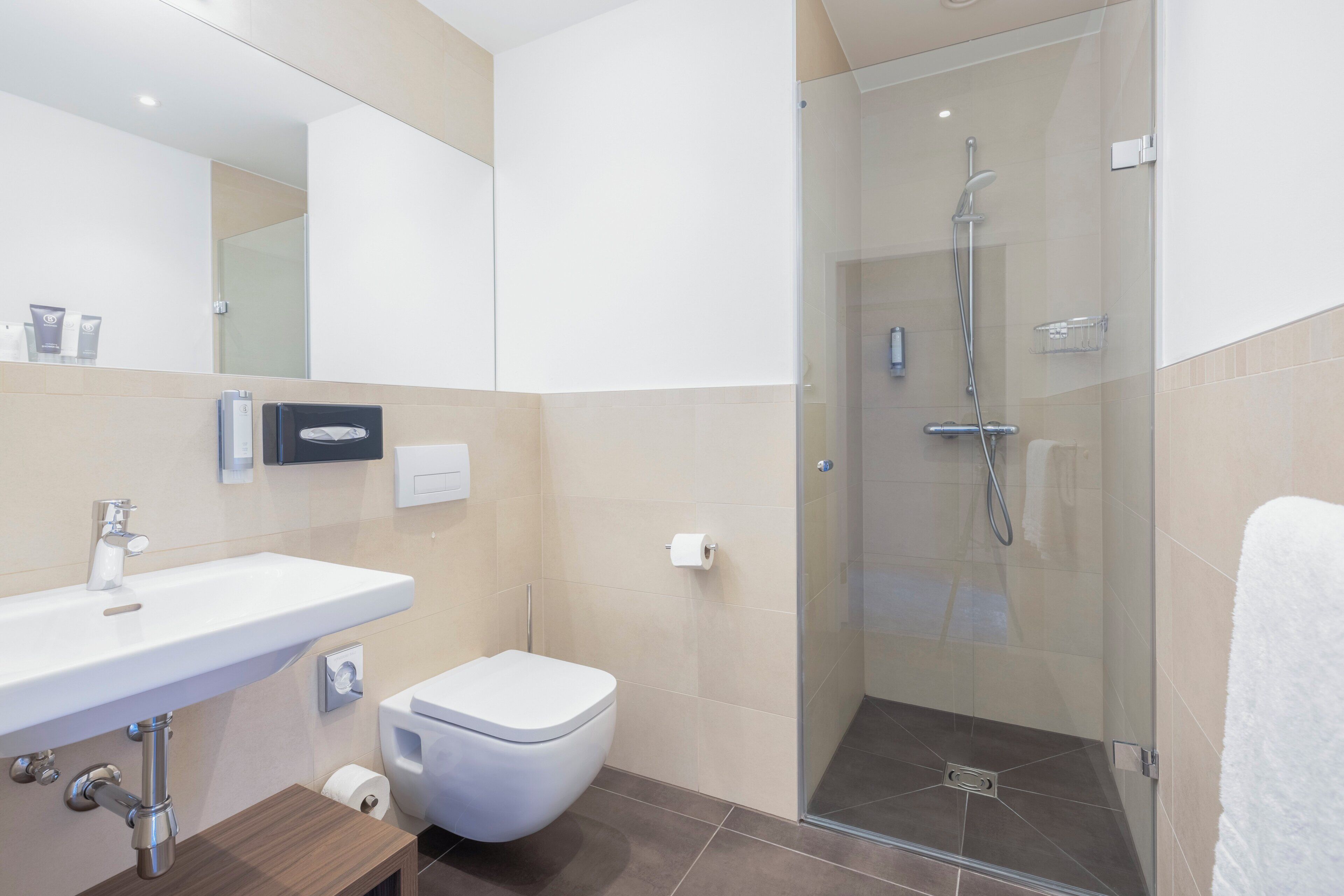 Un baño moderno con ducha envuelta en vidrio, un lavamanos blanco y un inodoro.
