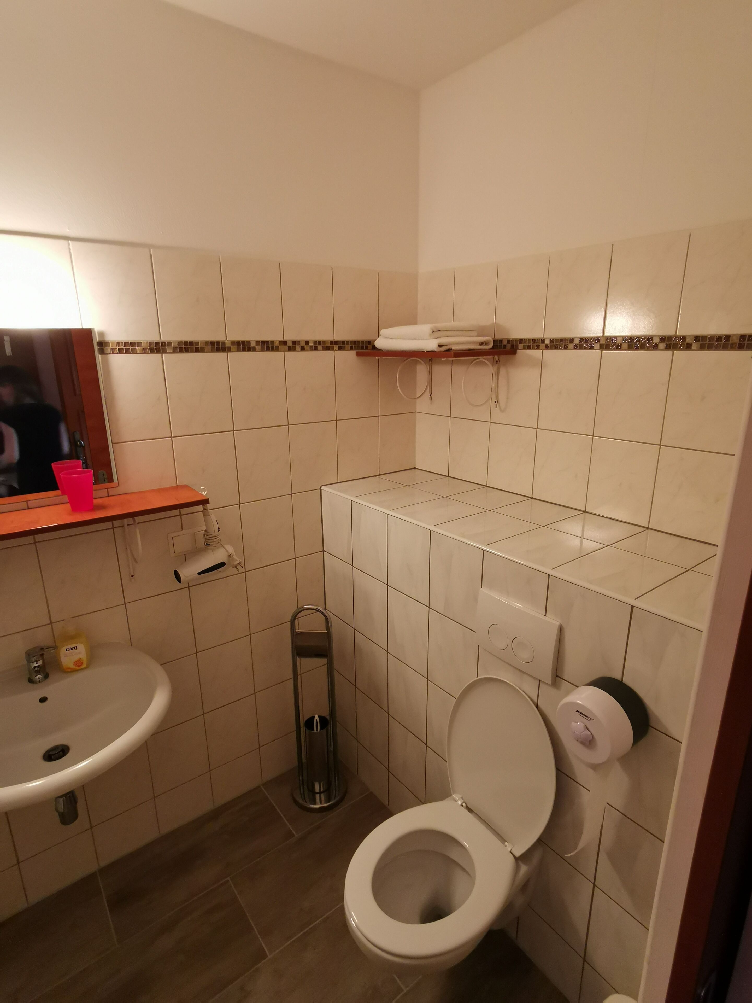 A small bathroom with a toilet, sink, and mirror.