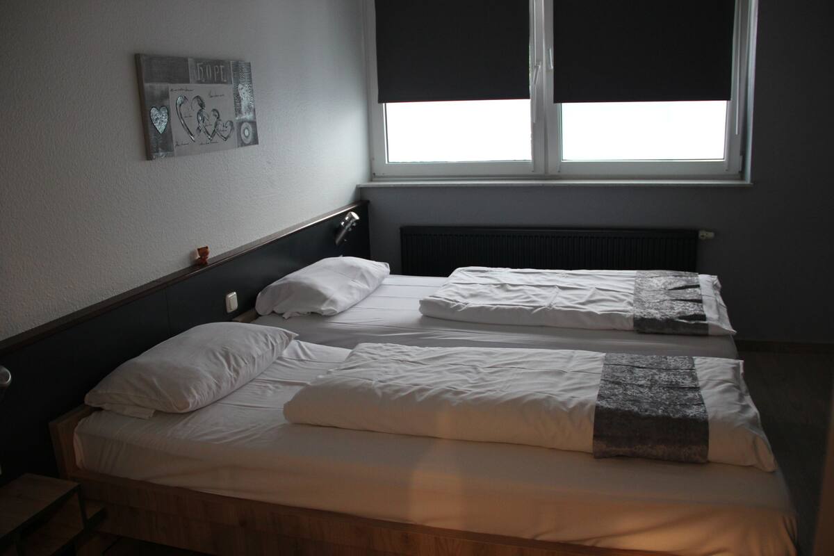 A room with two beds, a window with blinds, a radiator, and a wall-mounted artwork.