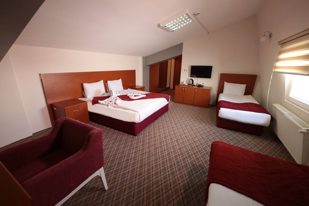 Een hotelkamer met twee bedden, een bureau, een televisie en een kledingkast.