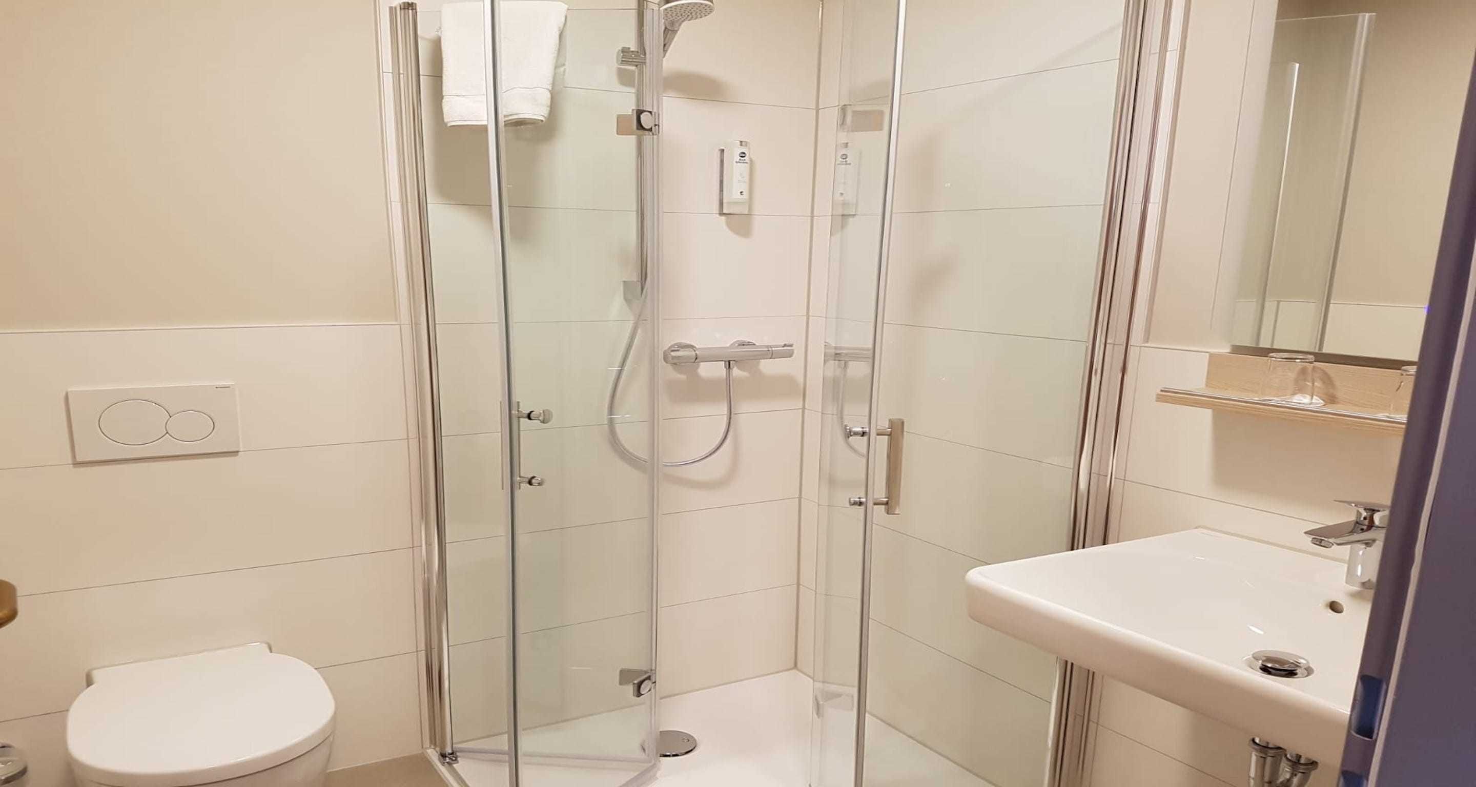 A modern bathroom with a glass-enclosed shower, a white toilet, and a sink with a mirror above it.