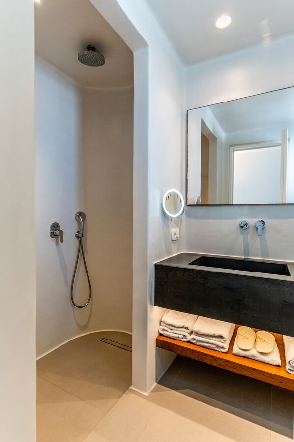A modern bathroom with a shower, a sink, and a mirror.