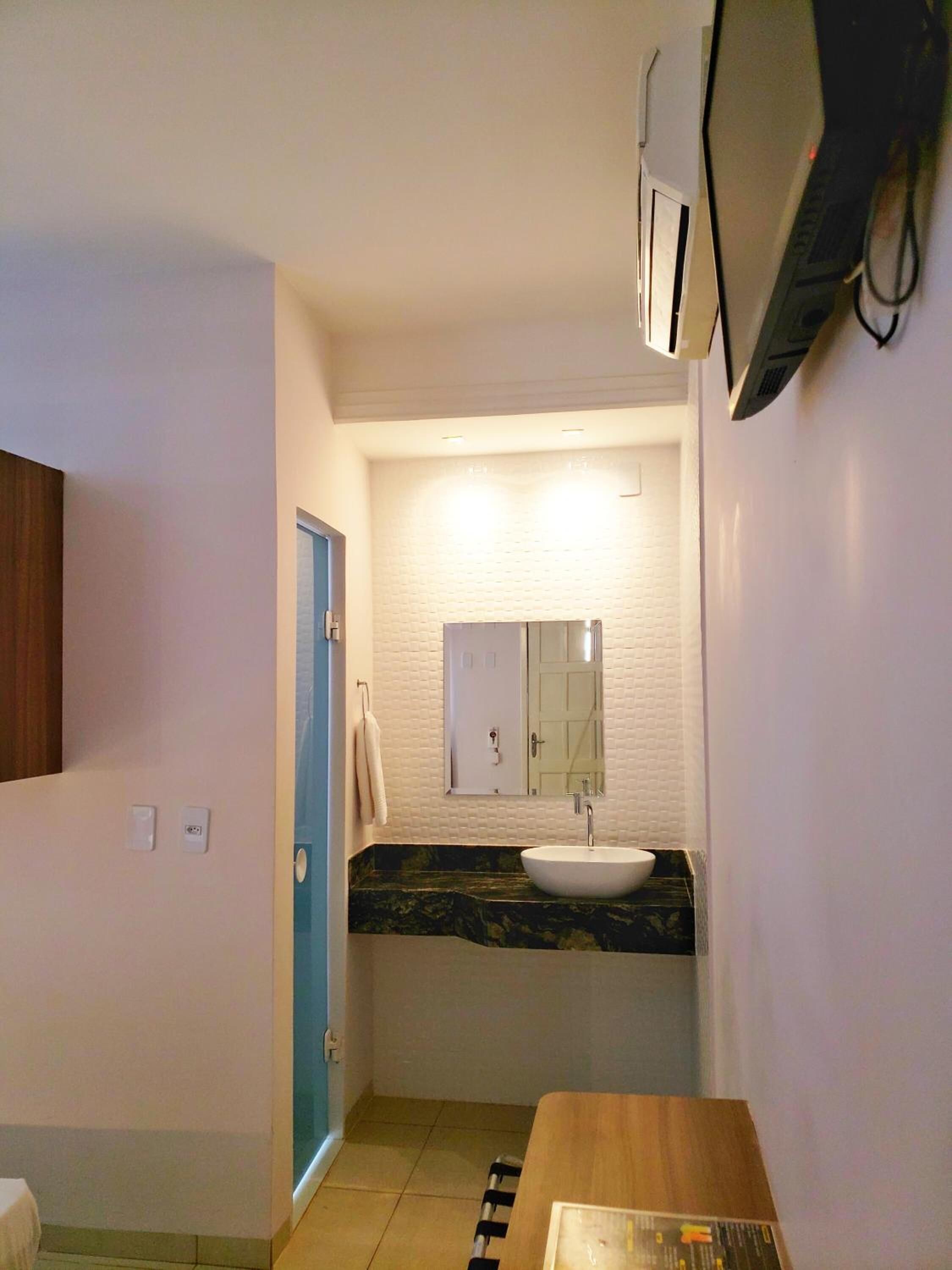 desk, laptop workspace, blackout curtains, iron/ironing board