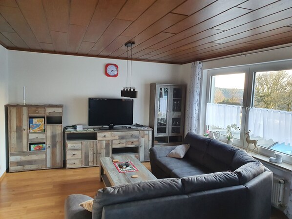 A living room with a wooden ceiling, a television on a wooden cabinet, a grey sofa, and a window with a view of trees. - !NEW! Holiday house Trudi, right on the Rothaarsteig, skiing, hiking or cycling (Winterberg)