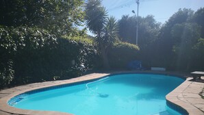 A swimming pool with a curved edge, surrounded by stone tiles and greenery. - Self Catering Fully Equipped Cottage set in a leafy suburb (Plumstead)