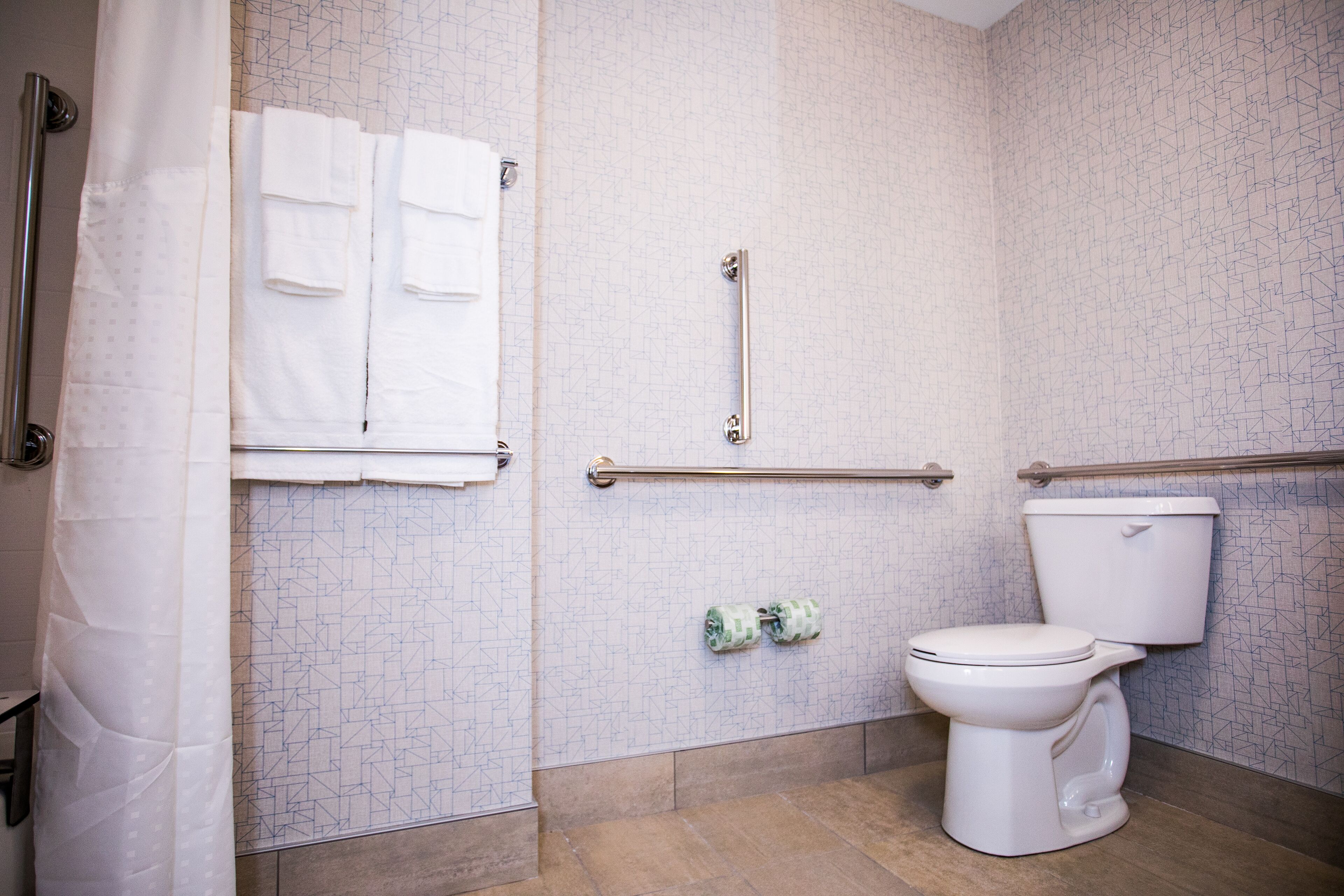 A bathroom with a toilet, a shower, and a towel rack.