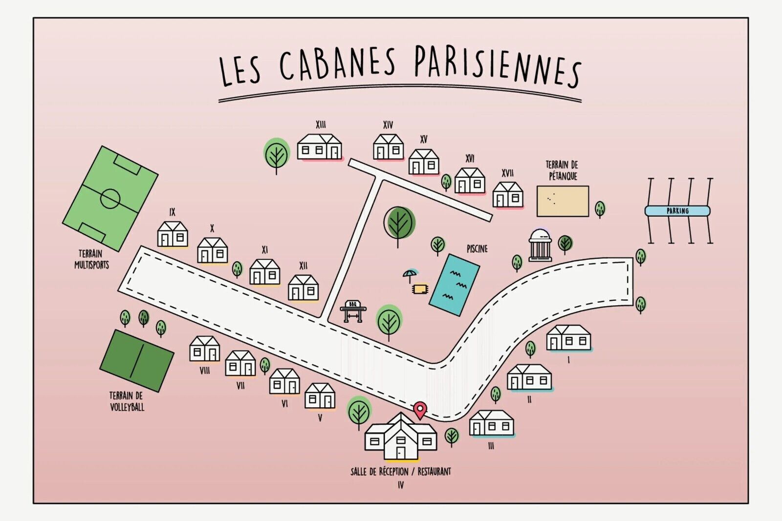 A map of Les Cabanes Parisiennes with labeled amenities including a sports field, a volleyball court, a reception/restaurant, and parking.
