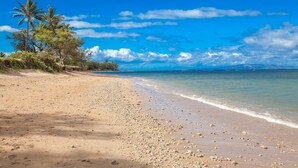 Una playa con cielo despejado, palmeras y mar tranquilo.