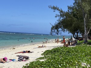 A beach with people sunbathing and swimming, surrounded by greenery and trees.
