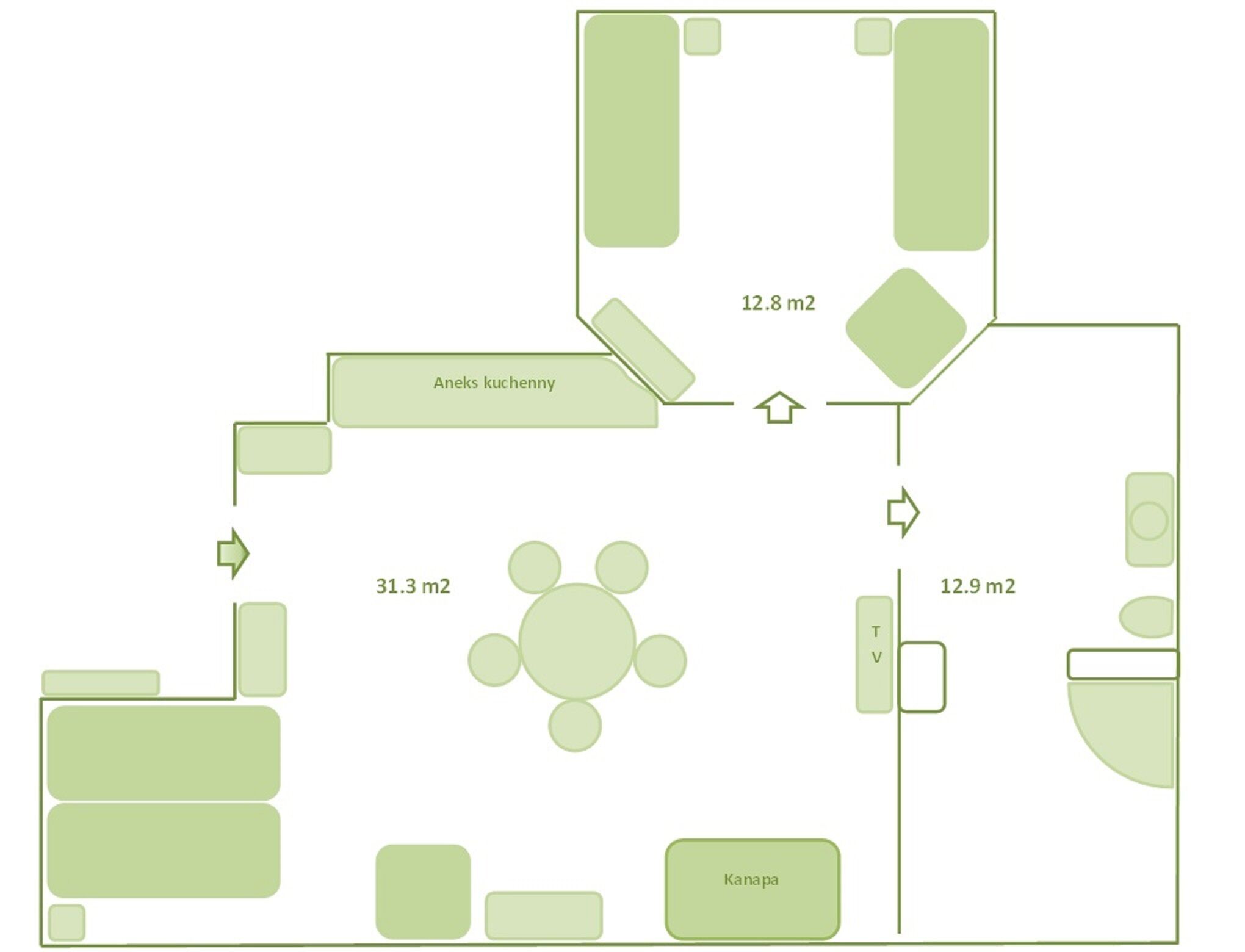 Un plan d’étage comprenant un espace circulaire central, des pièces communicantes et des zones clairement identifiées, dont les superficies sont respectivement de 31,3 m², 12,8 m² et 12,9 m².