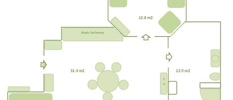 Plano de planta que muestra un área circular central, habitaciones conectadas y espacios identificados con un total de 31,3 m2, 12,8 m2 y 12,9 m2.