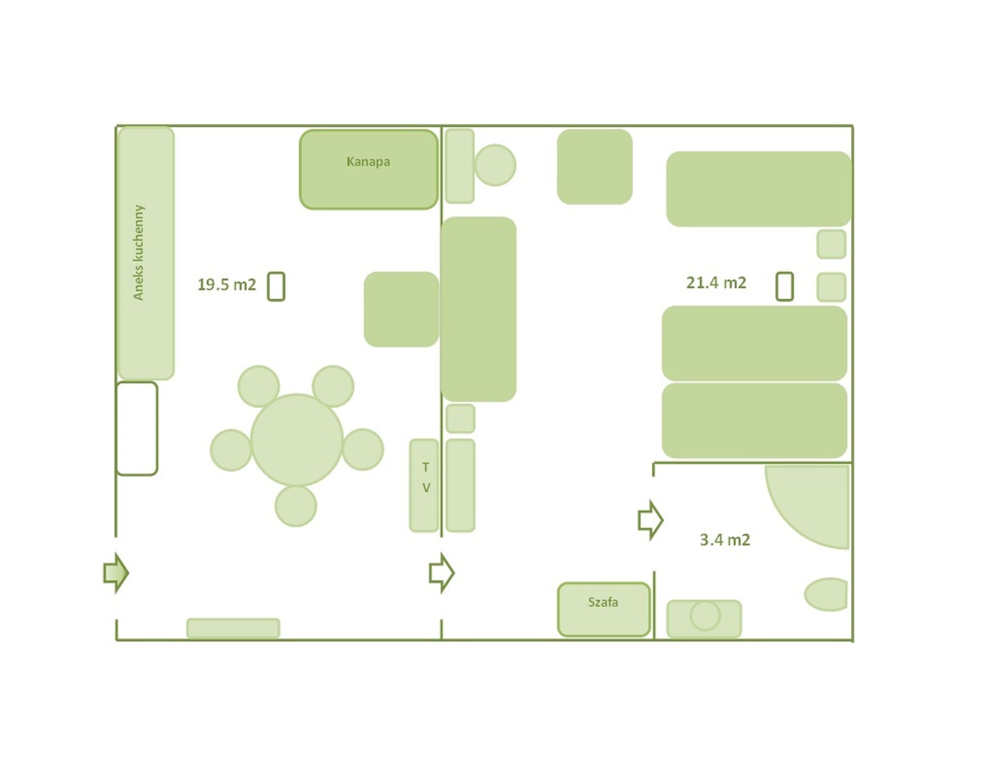 Plattegrond met aangeduide zones: 'Anek's keuken' (19,5 m²), 'Kanapa' (21,4 m²), 'TV' (3,4 m²) en 'Szafa' (3,4 m²).