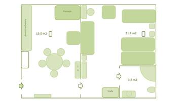 Plattegrond met aangeduide zones: 'Anek's keuken' (19,5 m²), 'Kanapa' (21,4 m²), 'TV' (3,4 m²) en 'Szafa' (3,4 m²).