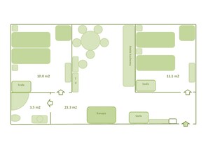 A hotel layout with rooms labeled Szafa, TV, and Kanapa, and areas marked 10.8 m2, 11.1 m2, 3.5 m2, and 23.3 m2.