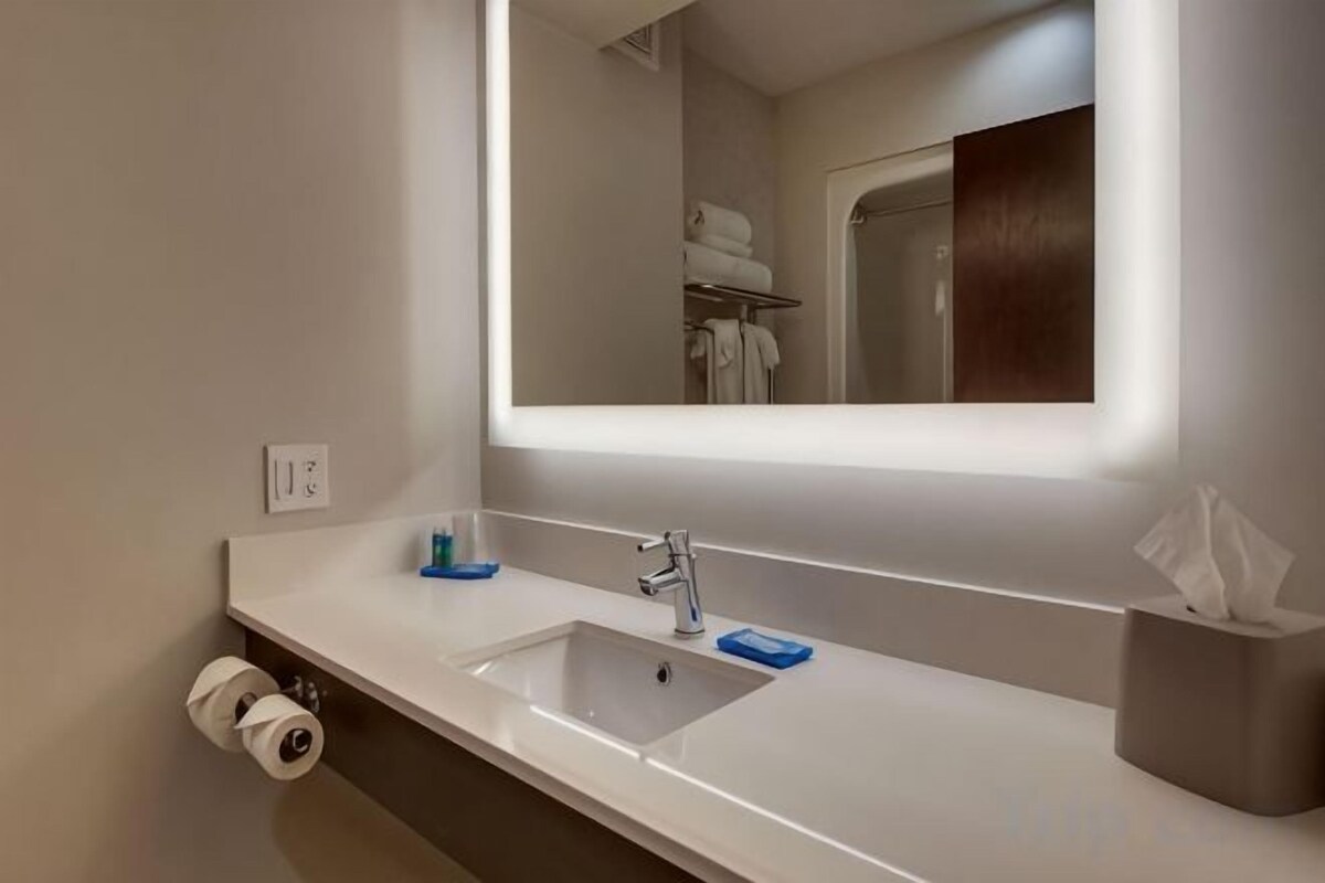 A bathroom with a white sink, a mirror, a towel rack, and a tissue box.
