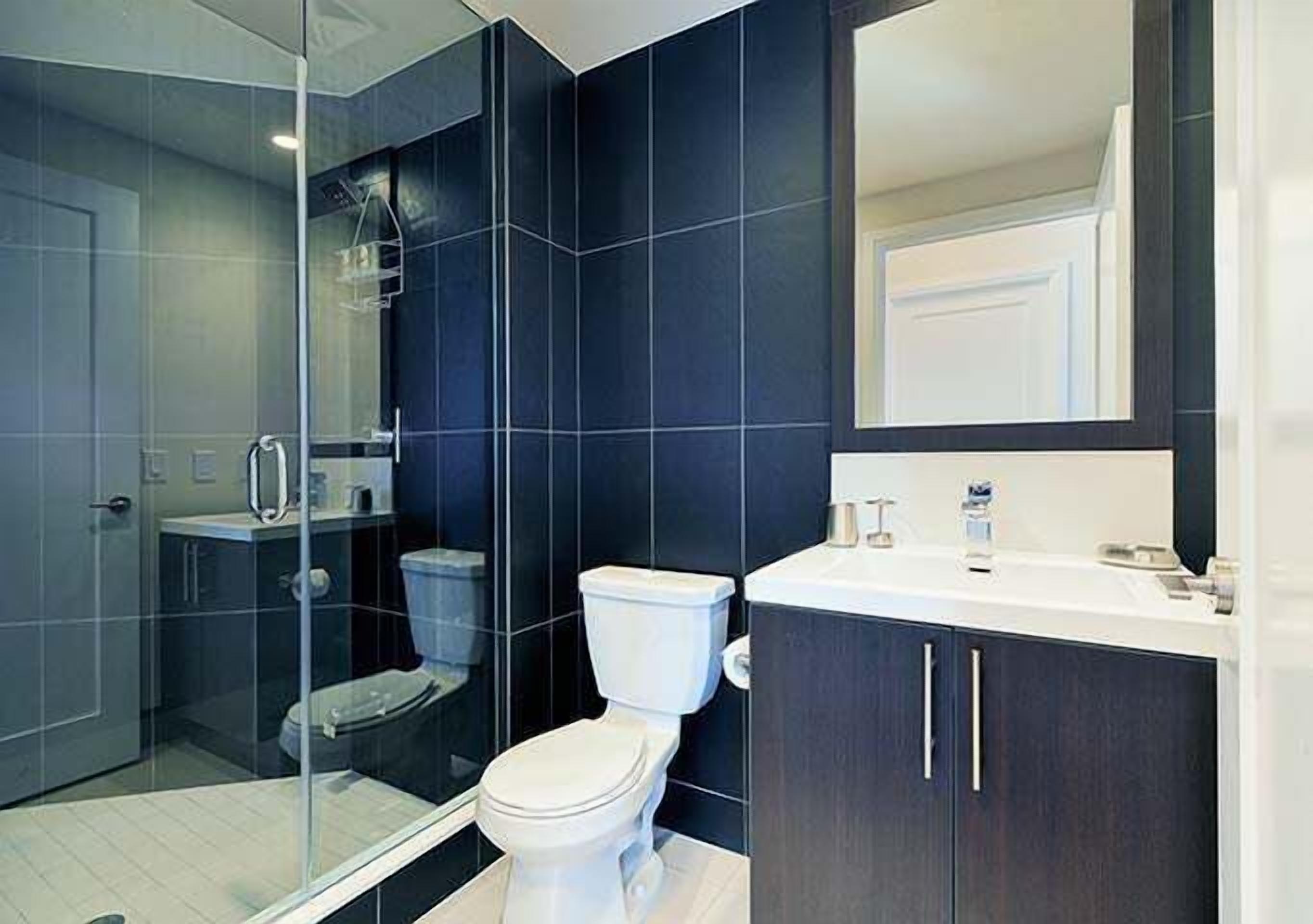 A modern bathroom with dark tiles, a glass shower enclosure, a white toilet, and a vanity with a mirror.