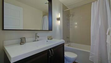 Combined shower/tub, hair dryer, towels