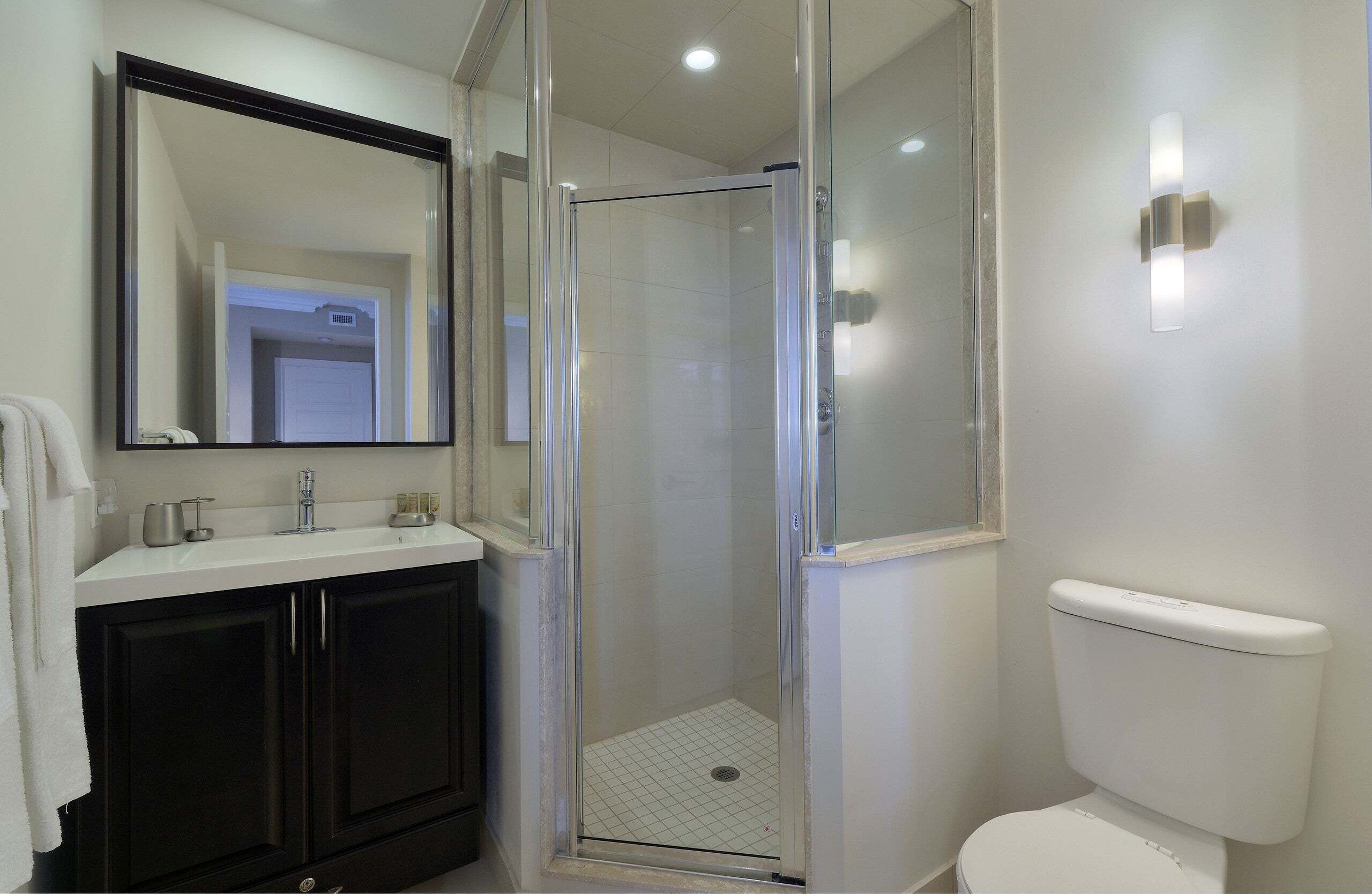 Combined shower/bathtub, hair dryer, towels
