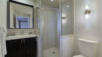 Combined shower/bathtub, hair dryer, towels