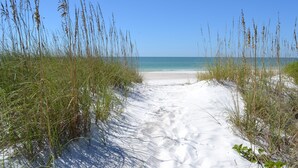 Un sentier de sable qui longe la plage et mène à l’océan, bordé de hautes herbes.