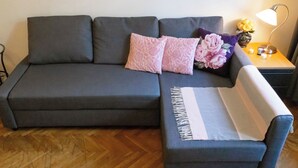 A grey sofa with a white throw blanket and pink patterned pillows. - Dalia 3 BR, 2 BA 10 min walk from Old Town Square (Praha 1)