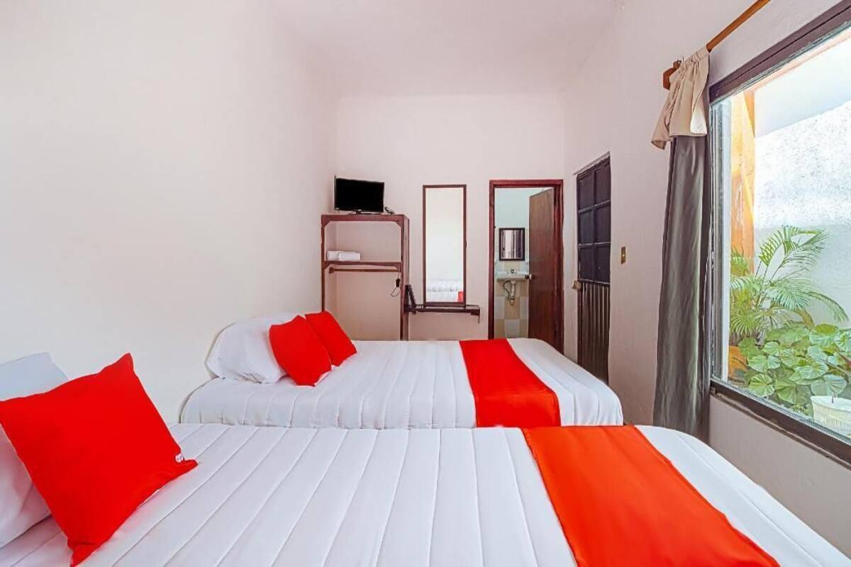 A hotel room with two beds, a TV on a stand, a mirror, and a window with a view of greenery.