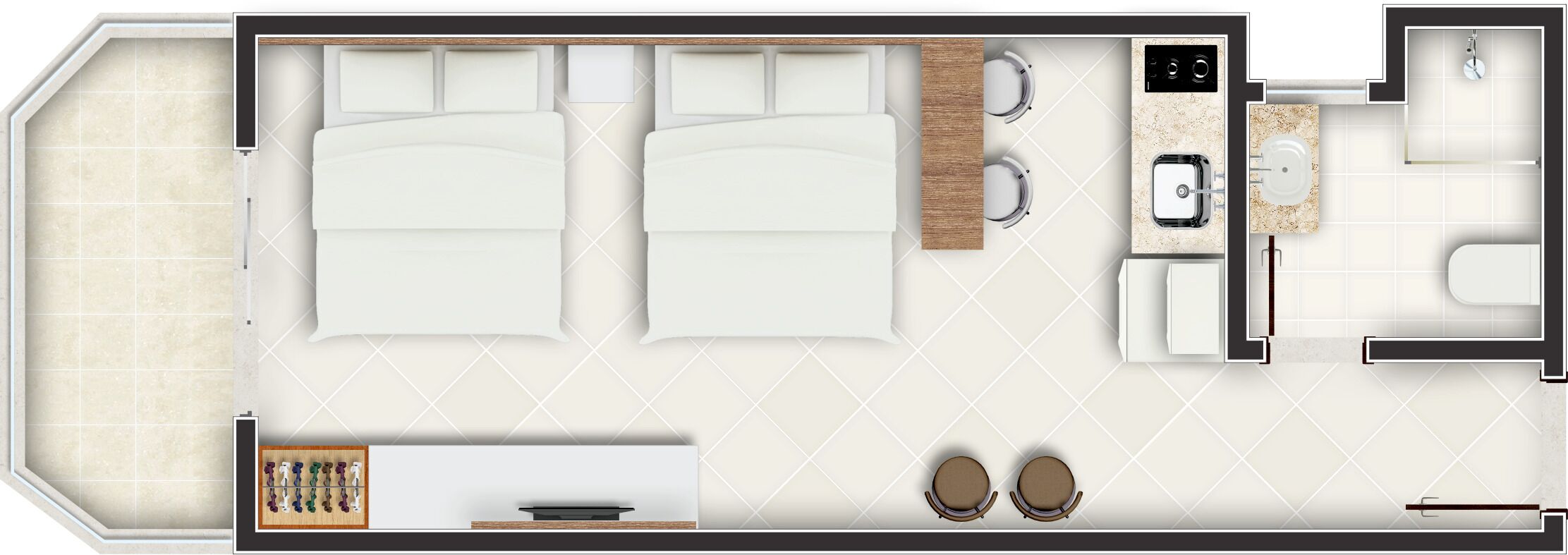 Distribución de una habitación de hotel con dos camas, una zona de estar con mesa y sillas, una kitchenette pequeña y un baño.