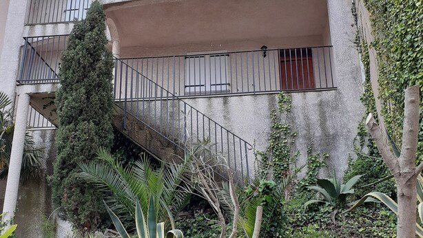 A multi-story building with balconies, a staircase, and surrounding vegetation.
