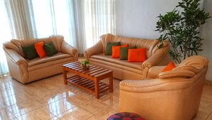 Ein Wohnzimmer mit zwei Ledersofas, einem Holztisch und einem bunten Ball.