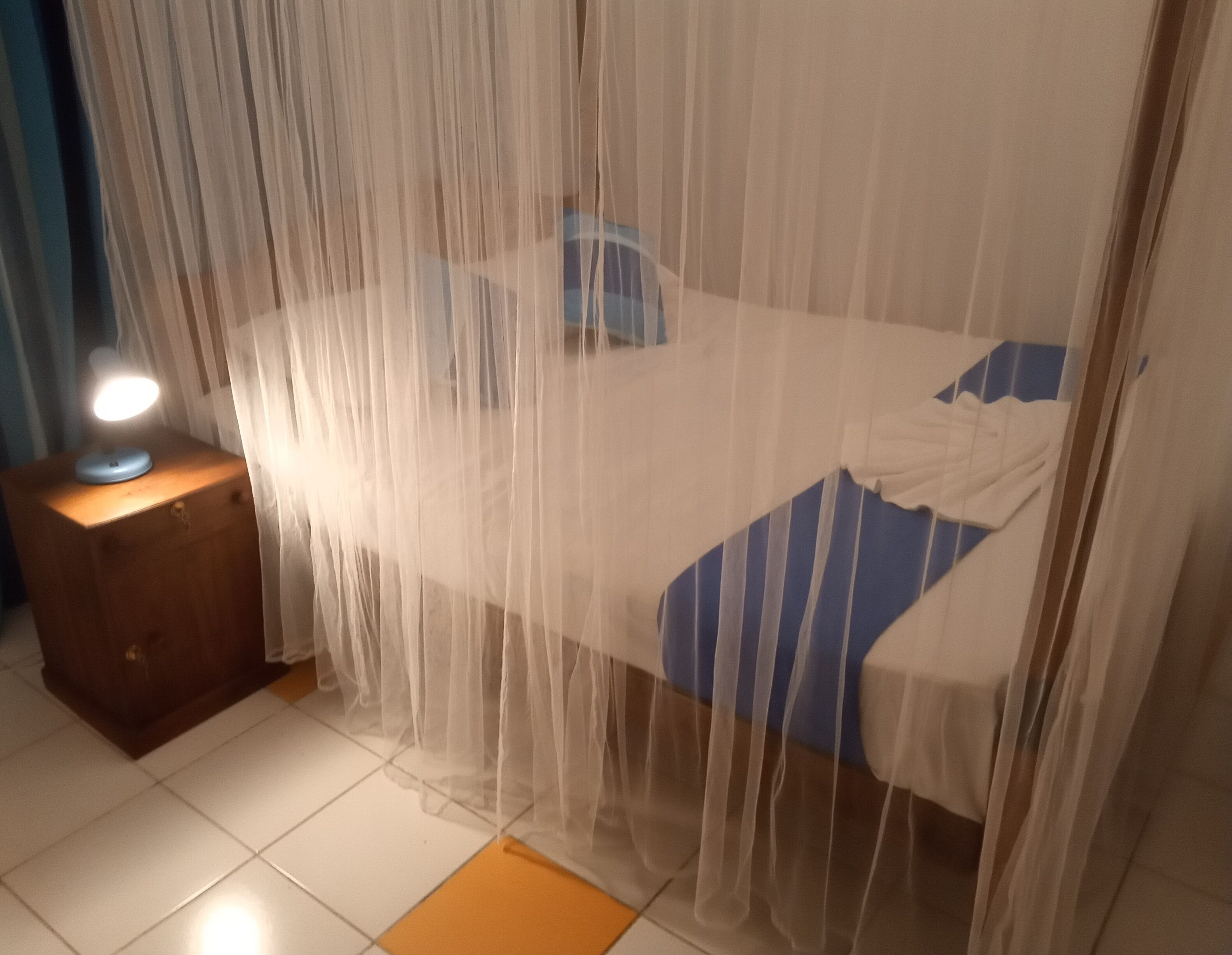 A bed with a white and blue bedspread, a bedside table with a lamp, and a sheer curtain.