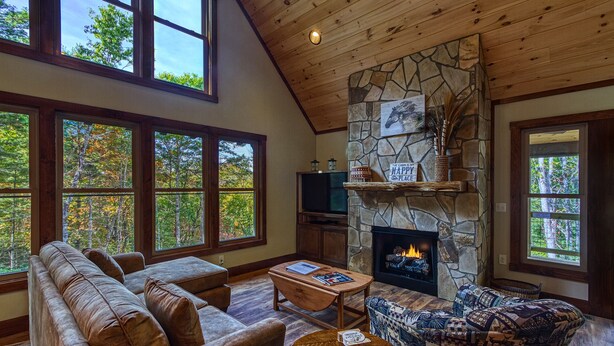A cozy living room with a stone fireplace, leather sofas, a coffee table, and large windows offering a view of the forest.