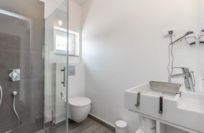 A modern bathroom with a glass shower enclosure, a white toilet, and a sink with a mirror. - City finca with private heated pool, jacuzzi (Pula)