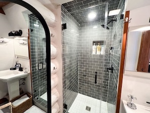 Douche, séchoir à cheveux, shampooing