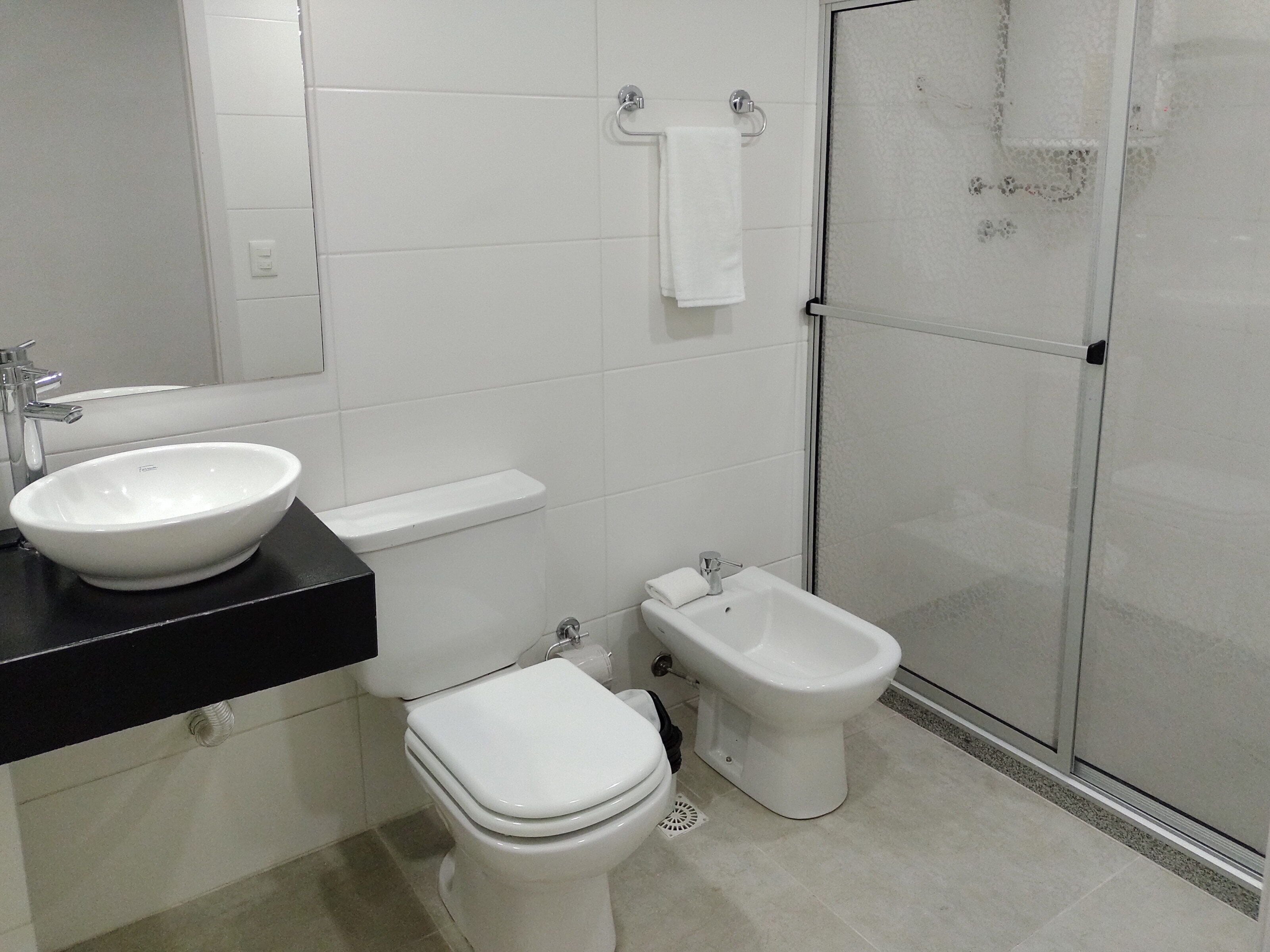 A modern bathroom with a sink, toilet, bidet, and a glass shower enclosure.
