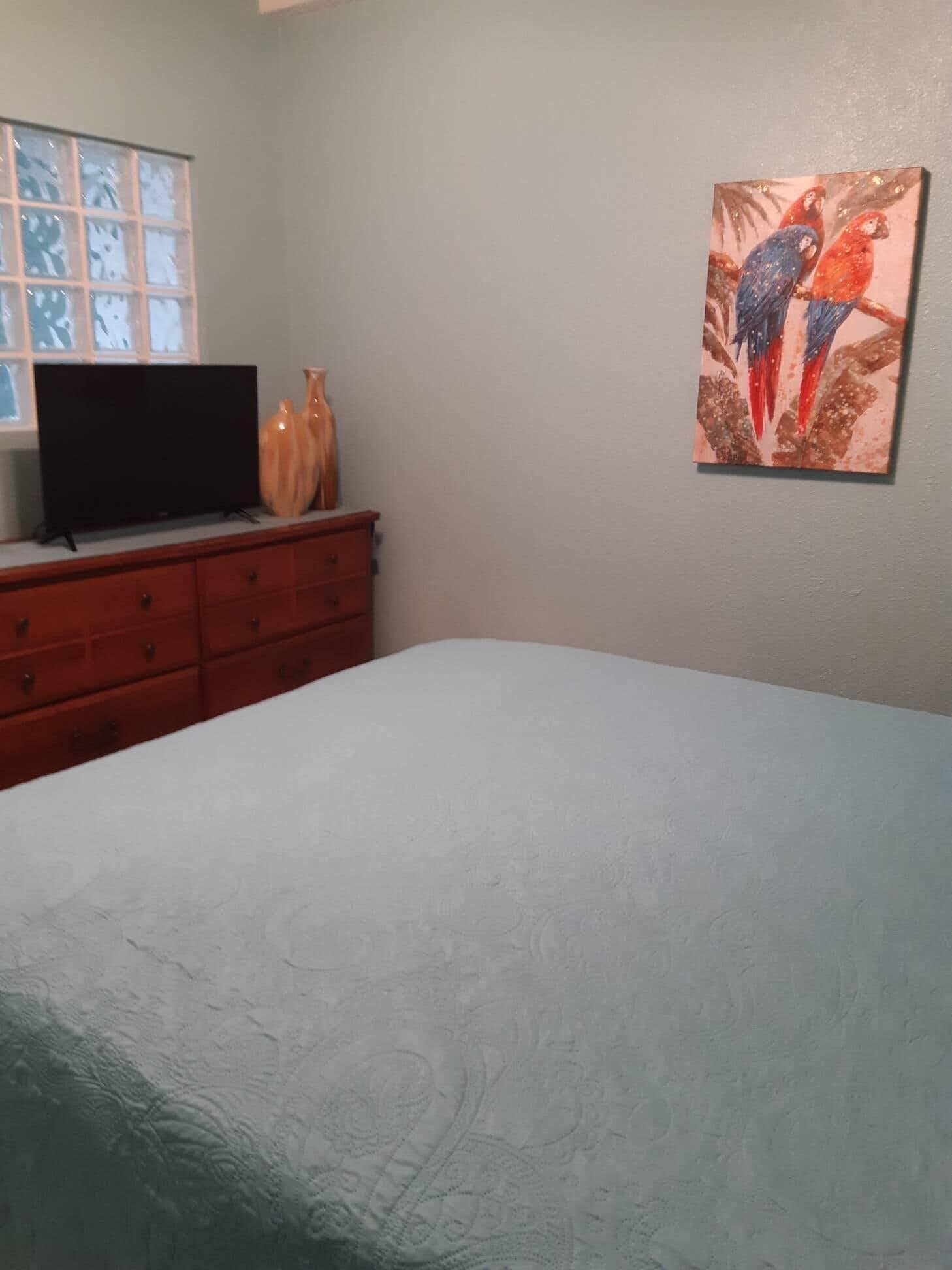 A bedroom with a bed, a dresser, a television, and a window.