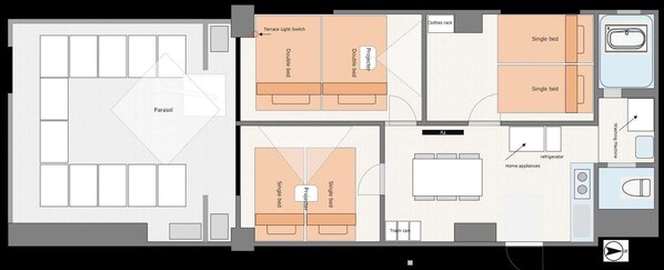 Distribución de un hotel con un pasillo central, varias habitaciones, una terraza, lavadora y un cubo de basura.