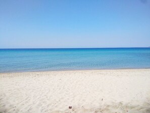 On the beach, sun-loungers