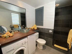 Shower, hair dryer, towels, soap