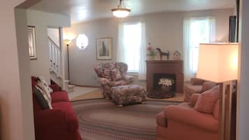 TV, fireplace, DVD player, books