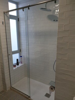 Shower, hair dryer, bathrobes, slippers