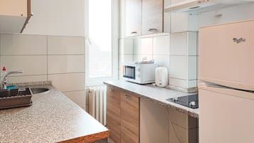 Fridge, microwave, stovetop, electric kettle