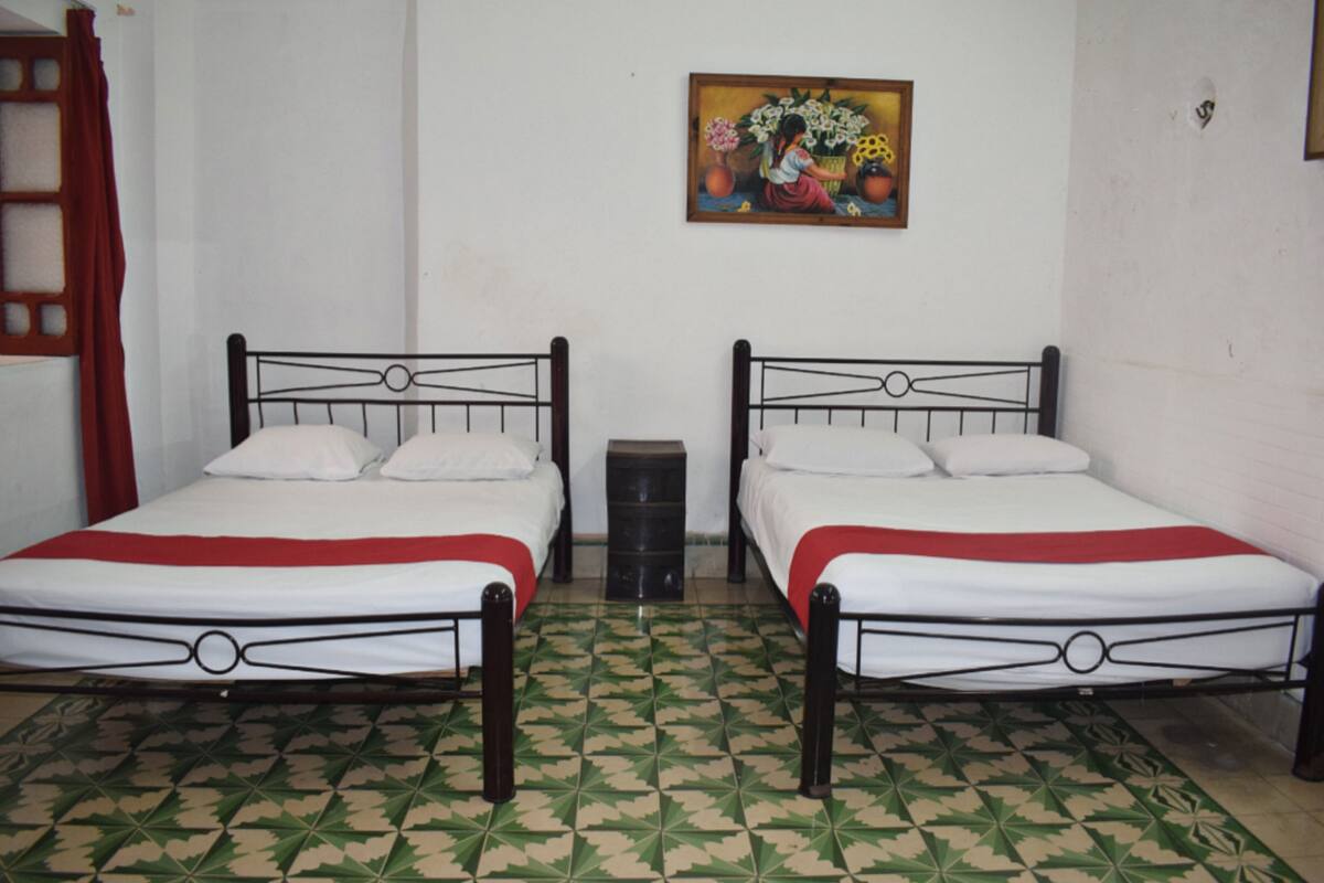 A room with two beds, a red curtain, a painting on the wall, and a patterned floor.