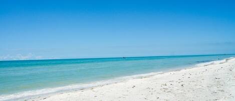 On the beach, sun-loungers, beach towels