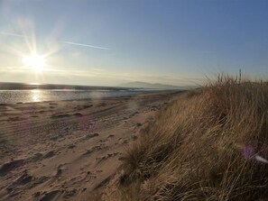 Ein Strand mit Sand und Gras, ein klarer Himmel und eine untergehende oder aufgehende Sonne.