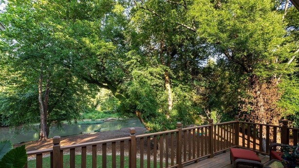 A wooden deck with a view of a river and dense greenery.