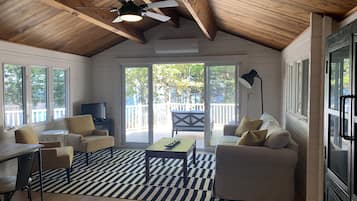 Smart TV, fireplace, books