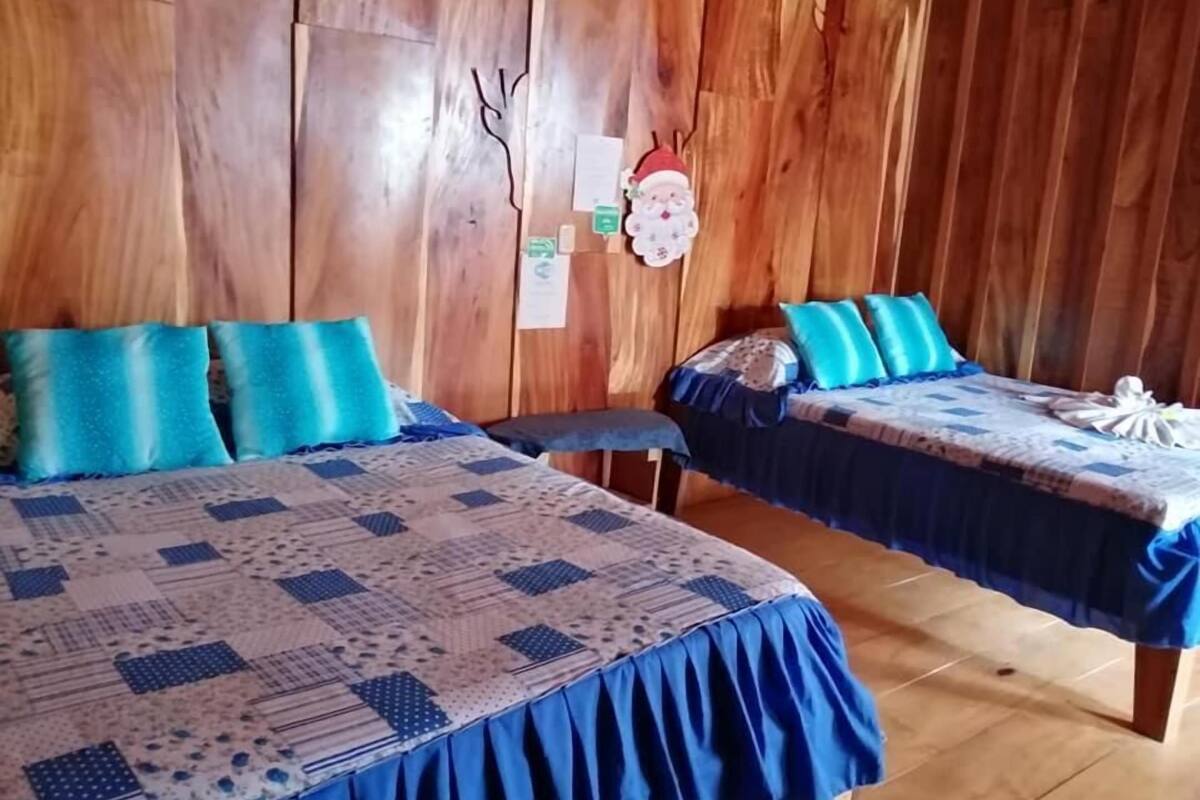 Ein Zimmer mit zwei Betten, jeweils mit blauer Bettdecke und passenden Kissen.